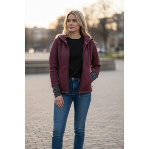 Eddie Bauer Full Zip Hooded Fleece Jacket Small Burgundy Knit Sherpa Lined